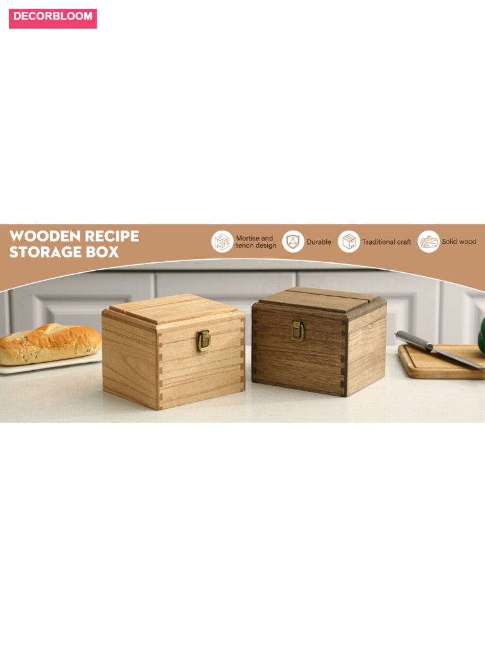 Wooden Recipe Box with 100 Cards, Dividers, Acrylic Shield - Picture 6 of 6
